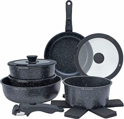 Picture of 13 Piece Pots and Pans Set - Safe Nonstick Cookware Set Detachable Handle, Kitchen Cookware with Removable Handle, RV Cookware, Oven Safe (Black)