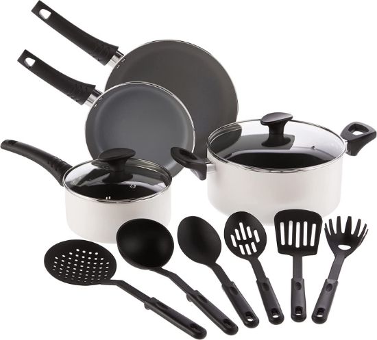 Picture of Cookware Set, 12 Piece Pots and Pans with Utensils, Nonstick Scratch Resistant Cooking Surface Compatible with All Stoves, Nylon and Aluminum, Cream